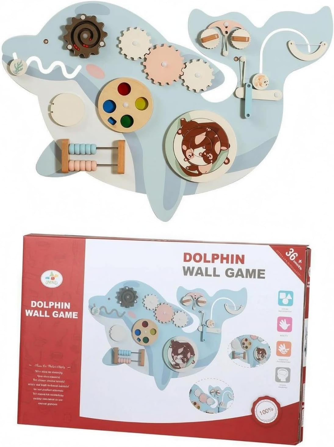 Dolphin Wall Panel Light Blue and White Wooden Activity Board Rotating Gears Children's Toy