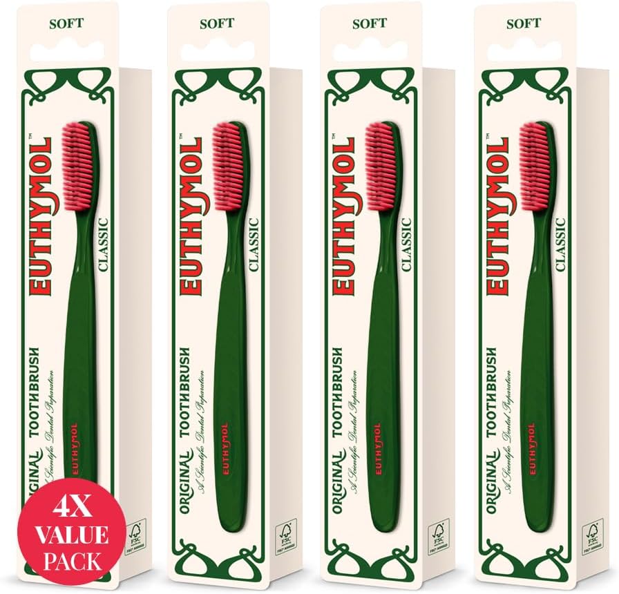 Euthymol Classic Toothbrush x 4, Large Full Head, Soft Bristle, Triple Curve Ergonomic Manual Toothbrushes, Efficient Cleaning, Sensitive Gums Teeth, Daily Oral Enamel Dental Care