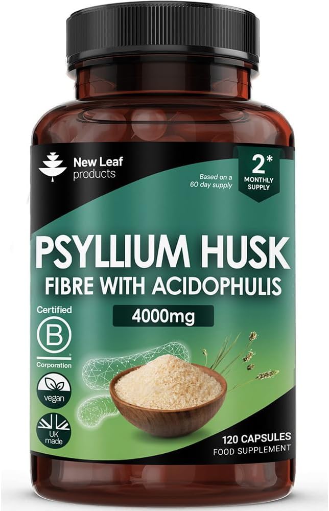 Fibre Supplement 4000mg Psyllium Husk with Acidophilus - High Strength - Natural Soluble Fiber Supplement from Plantago Ovata Seeds, 120 Psyllium Husks Capsules Vegan, Made in UK by New Leaf