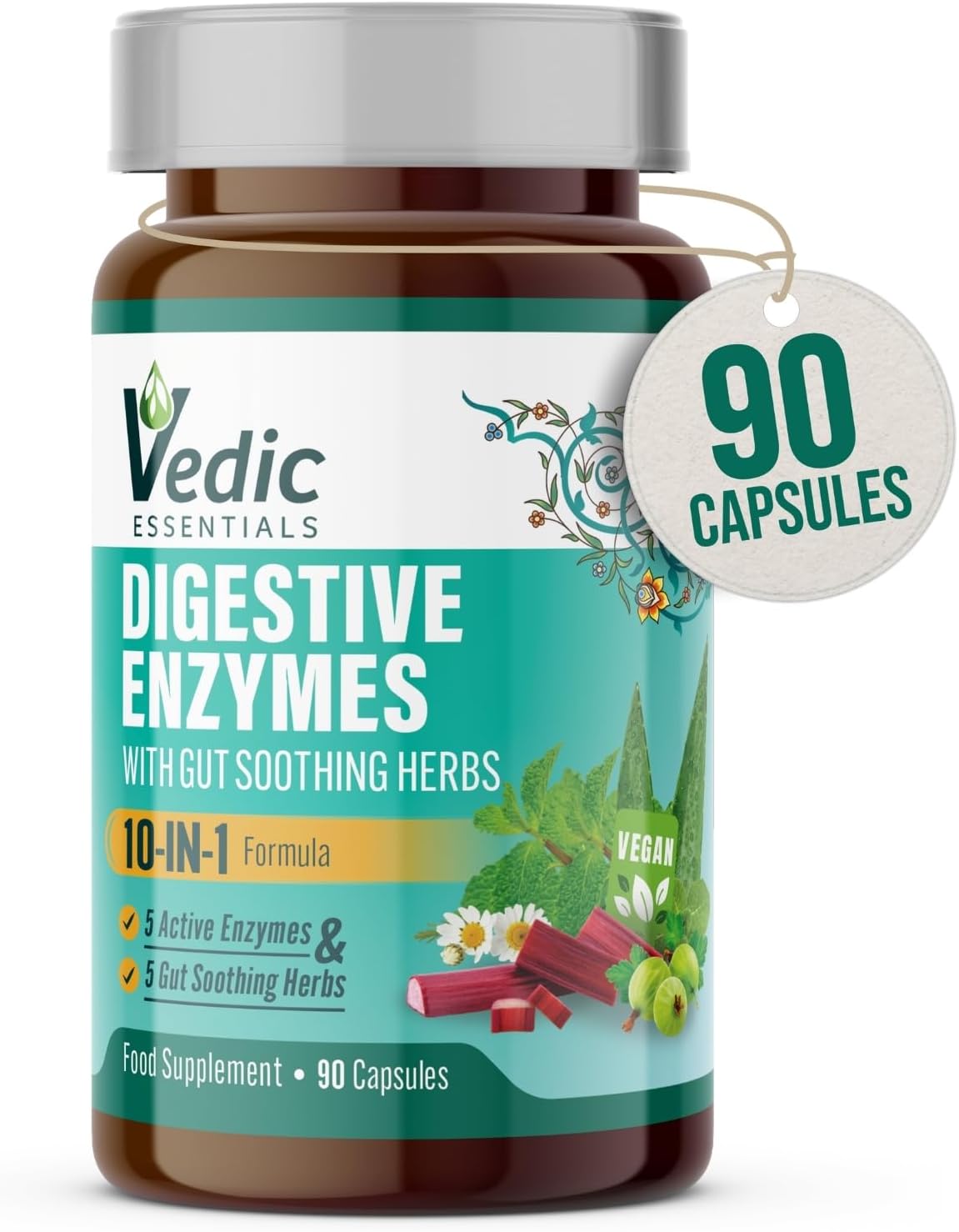Vedic Digestive Enzymes + Herbs Complex for Better Digestion & Tummy Comfort | Advanced Digestive Supplement for Bloating, Gas, Indigestion | 5 Enzymes + Peppermint, Aloe, Licorice | UK Made, Vegan