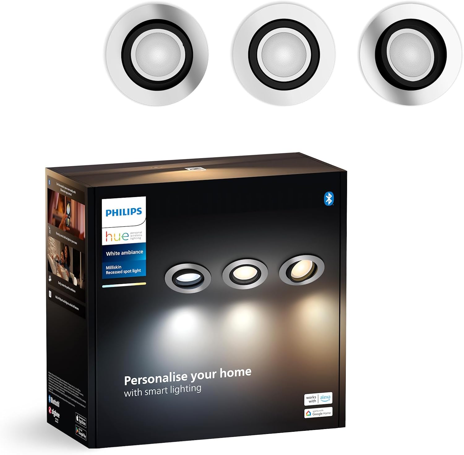 Philips Hue White Ambiance Milliskin Tunable Smart LED Recessed Round Spots 3-Pack Aluminium