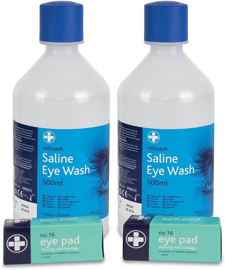 Reliance Medical Eyewash Refill - Ideal for Workplace, Home, Travel, Holiday, Includes Dressing Pads, Bandages, Emercengy Essentials, For 2 x 500ml Bottles, 2 x Eye pads