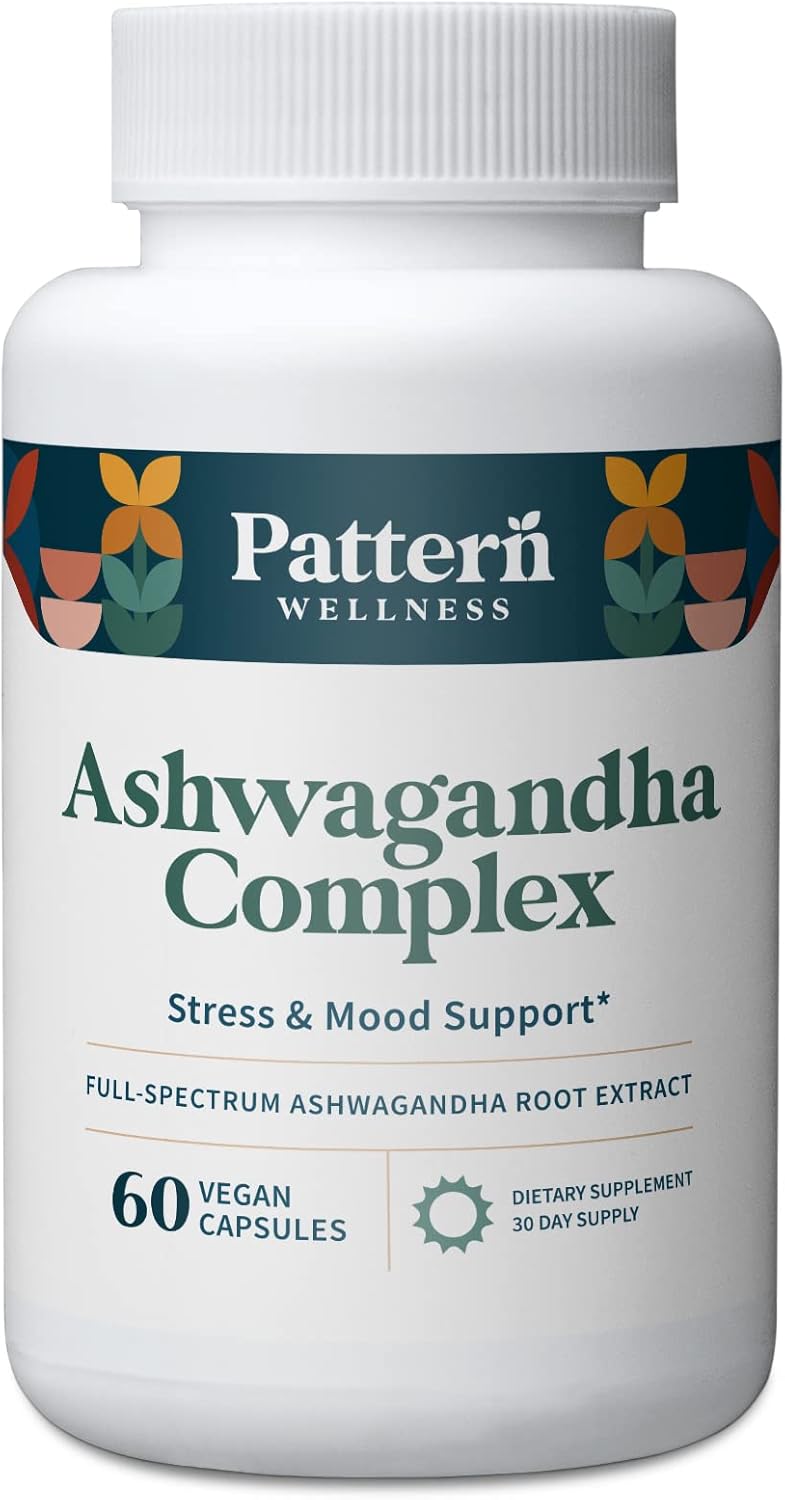 Pattern Wellness Ashwagandha Complex for Men & Women - KSM-66 & Black Pepper Extract - Whole Body & Heart Health - Supports Stress & Mood - Non-GMO - 60 Vegan Capsules