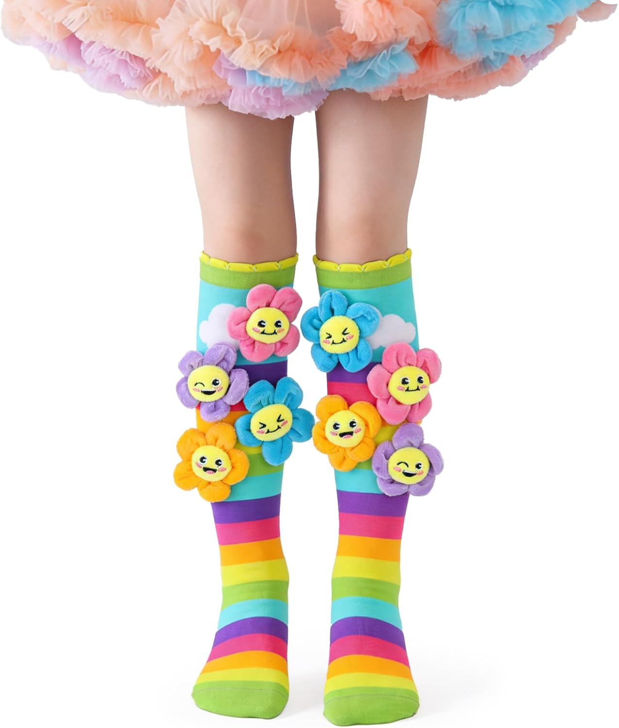 Crazy Socks for Kids Girls 3-12 Years – Rainbow Knee High Socks with 3D Plush Smiling Flowers, Silly Wacky Colorful Socks for Crazy Sock Day Birthday Gifts