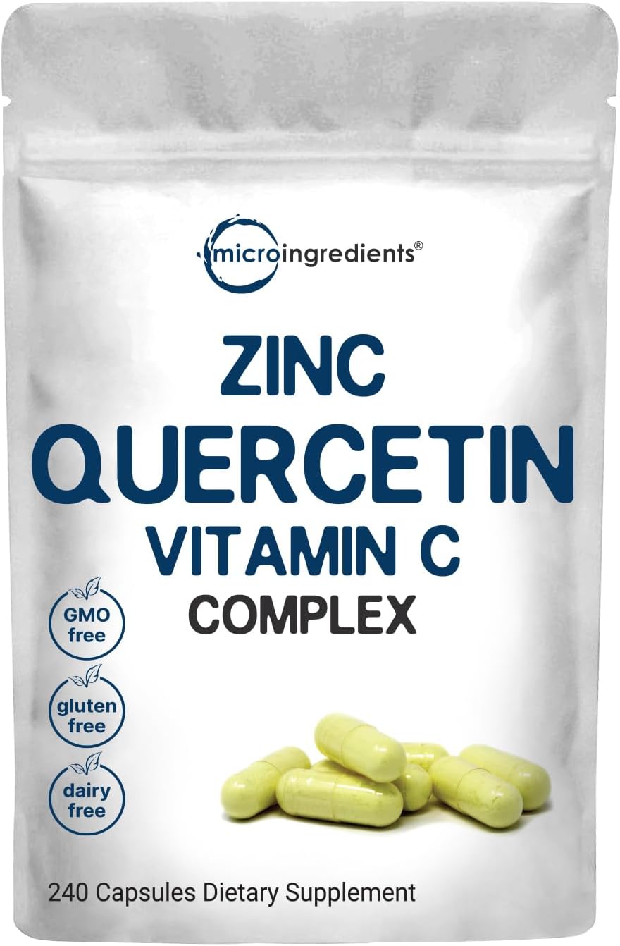Micro Ingredients Quercetin with Vitamin C and Zinc, 240 Capsules | Quercetin 500mg, Vitamin C 500mg, Zinc 50mg (Picolinate, Citrate, Glycinate, Gluconate) | Complete Immune Support Supplements