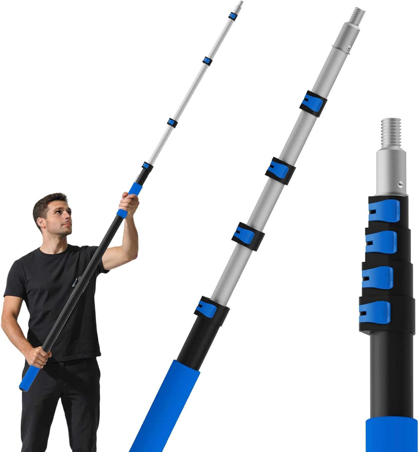 26FT Reach Telescopic Extension Pole, 5-20FT Paint Roller Extension Pole with Flip-Lock Design, Aluminum Alloy Threaded Head for Painting Cleaning Dusting & Window Washing Tools