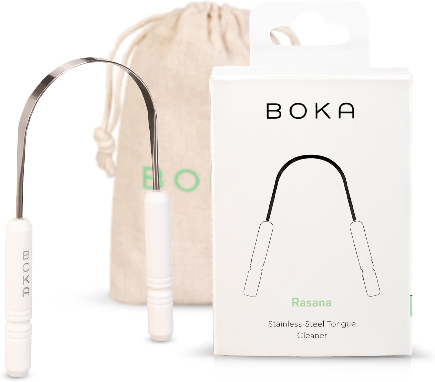 Boka Tongue Scraper for Adults & Kids with Case - Stainless Steel Tongue Cleaner w/Linen Travel Pouch - Scrubber to Remove Tongue Buildup and Freshen Breath (Pack of 1)