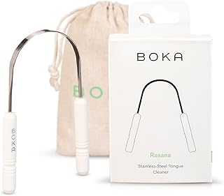 Boka Tongue Scraper for Adults & Kids with Case - Stainless Steel Tongue Cleaner w/Linen Travel Pouch - Scrubber to Remove Tongue Buildup and Freshen Breath (Pack of 1)