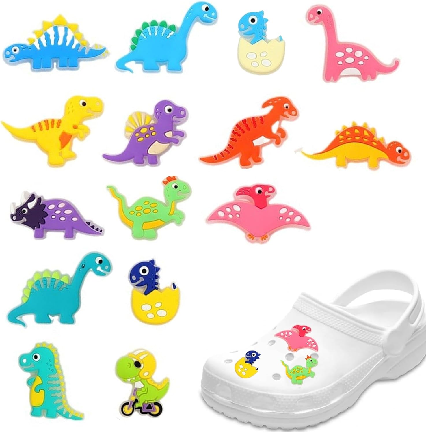 IGEAIIE Shoe Charms for Croc, 18PCS Glow in the Dark Dinosaur Shoe Charms for Clogs Sandals Bracelets, Waterproof PVC Shoe Decorations for Kids Boys Girls, Party Favors Gifts Accessories