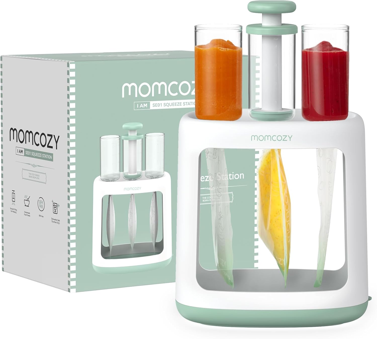 Momcozy Squeeze Station for Homemade Baby Food,Pouch Filling Station for Puree Food for Babies&Toddlers,No Food Splashing,Dishwasher Safe,BPA-Free,with Reusable Bags