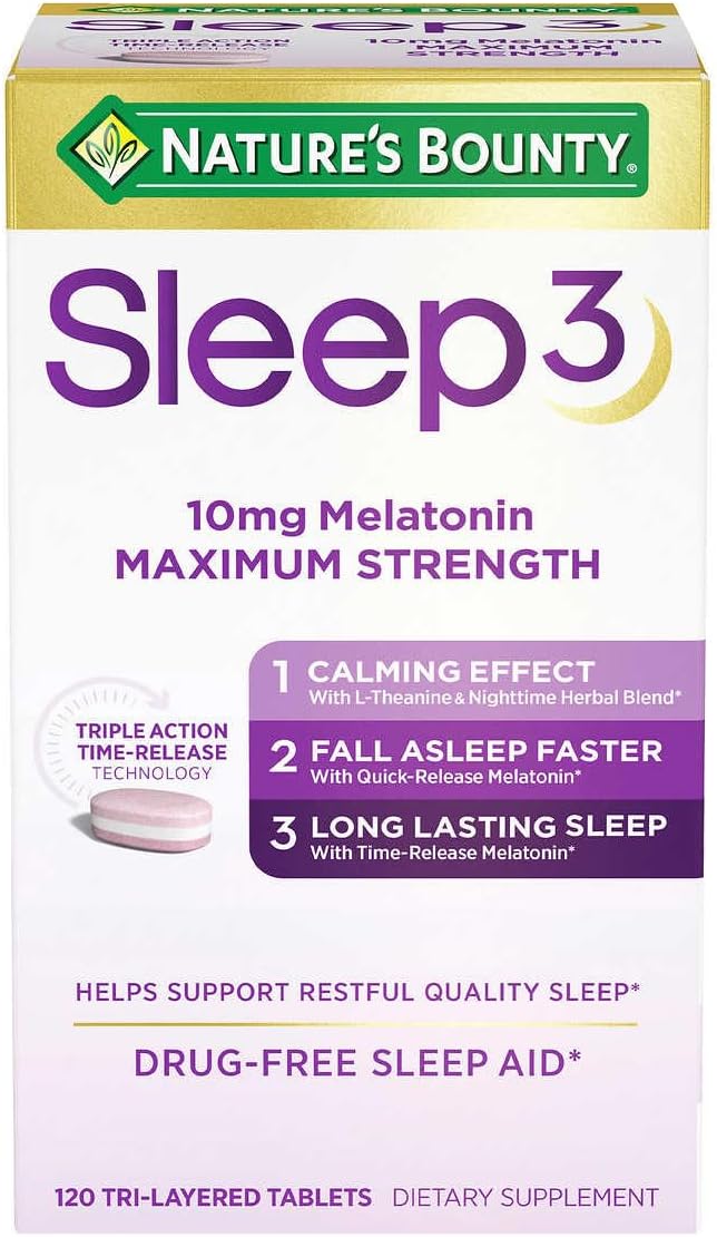 Nature s-Bounty Sleep3 10mg. Melatonin, 120 Tablets Bundle | 4 Month Supply | Drug-Free Sleeping aids, Purple