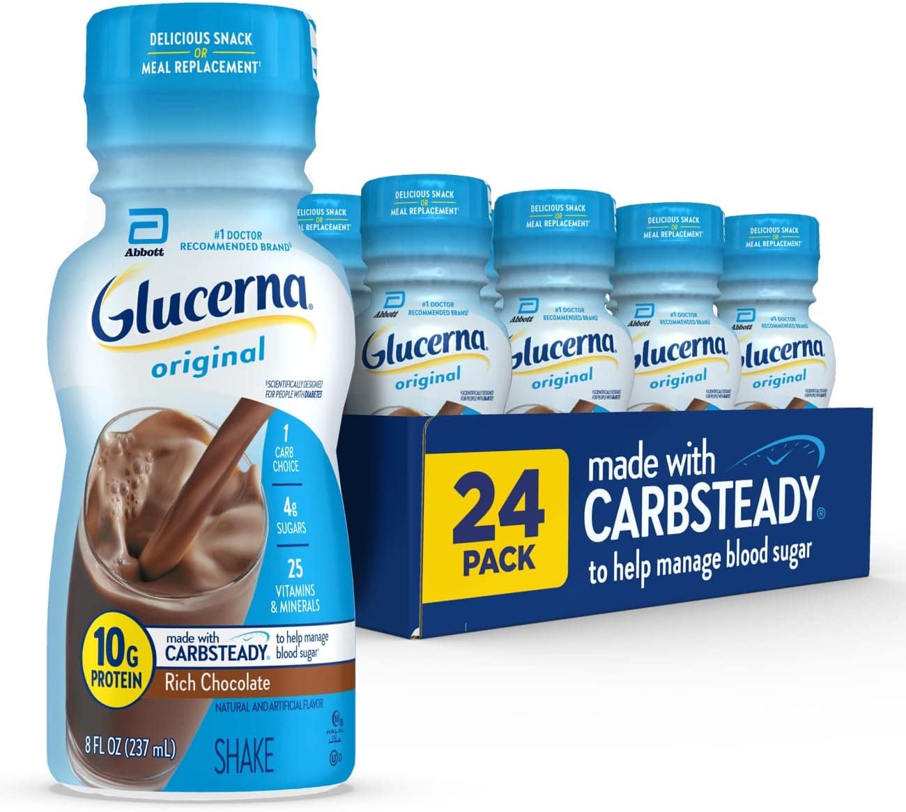 Glucerna Original Nutritional Shake, Diabetic Drink to Support Blood Sugar Management, 10g Protein, 180 Calories, Rich Chocolate, 8-fl-oz Bottle, 24 Count