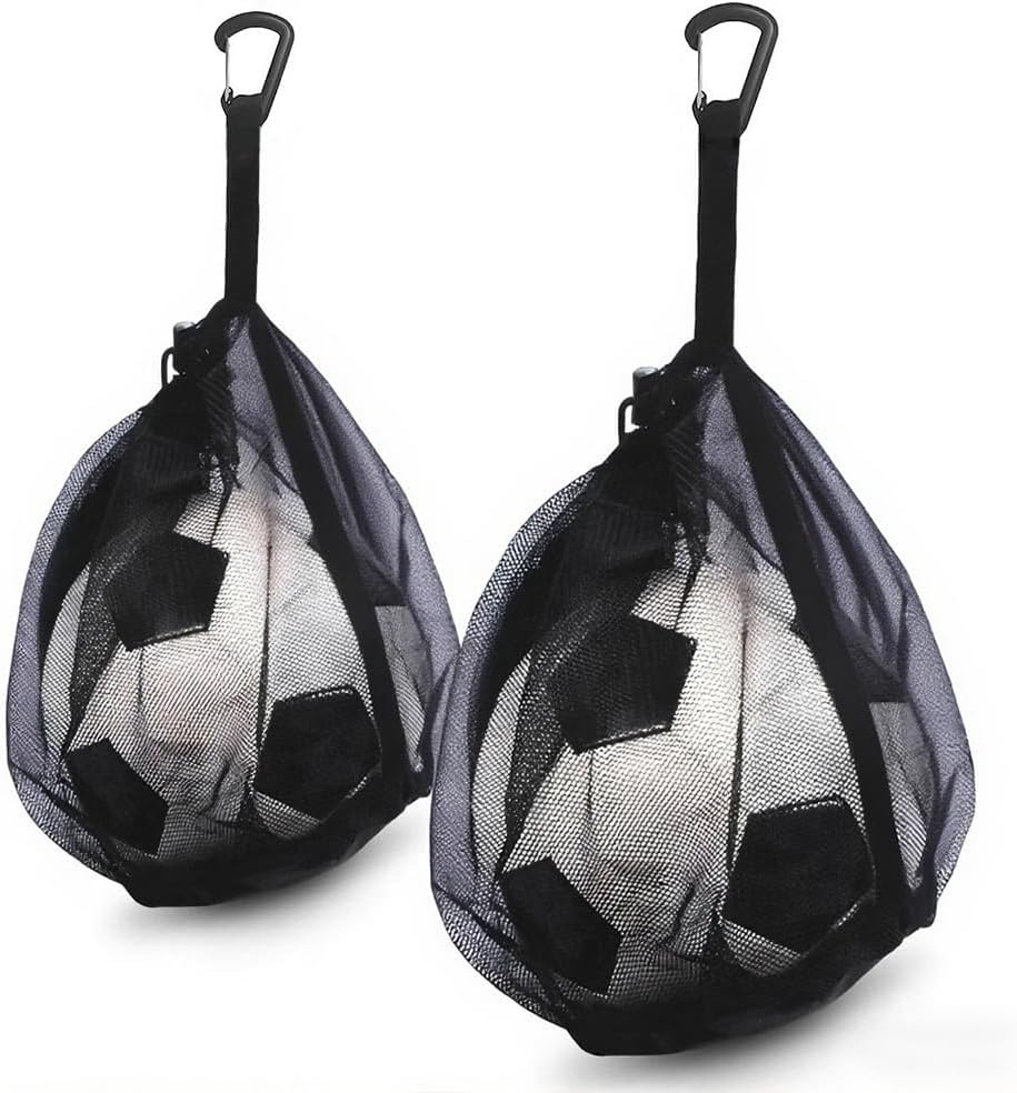 2Pcs Single Mesh Ball Bag for Basketball Soccer & Volleyball, Lightweight Net Storage with Zipper Pocket for Sports, Portable Drawstring Bags with Hanging Clip for Men, Women & Athletes, Black