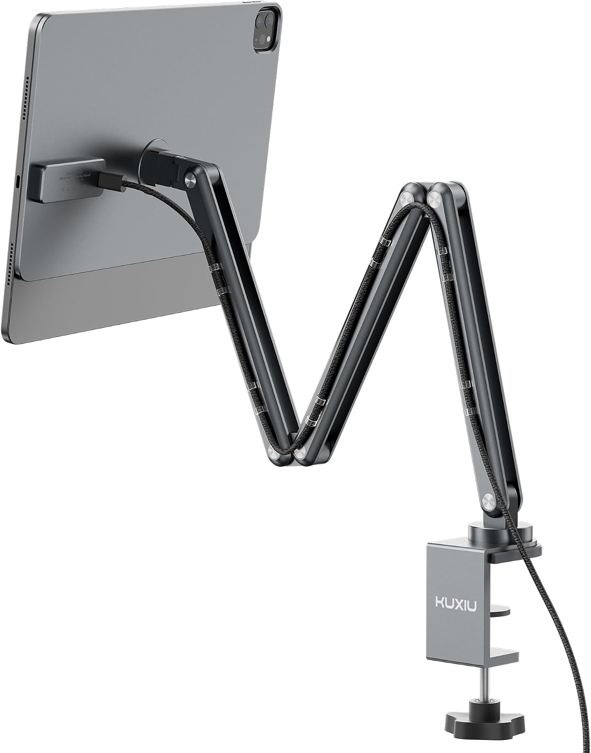 KU XIU Magnetic Wireless Charging Stand, Aluminum Alloy Arm Mount for Desk | for iPad Pro 12.9 (3rd/4th/5th/6th) & iPad Air 13 (M2/M3/M4) ONLY, Adjustable Tablet Holder with 2M Cable