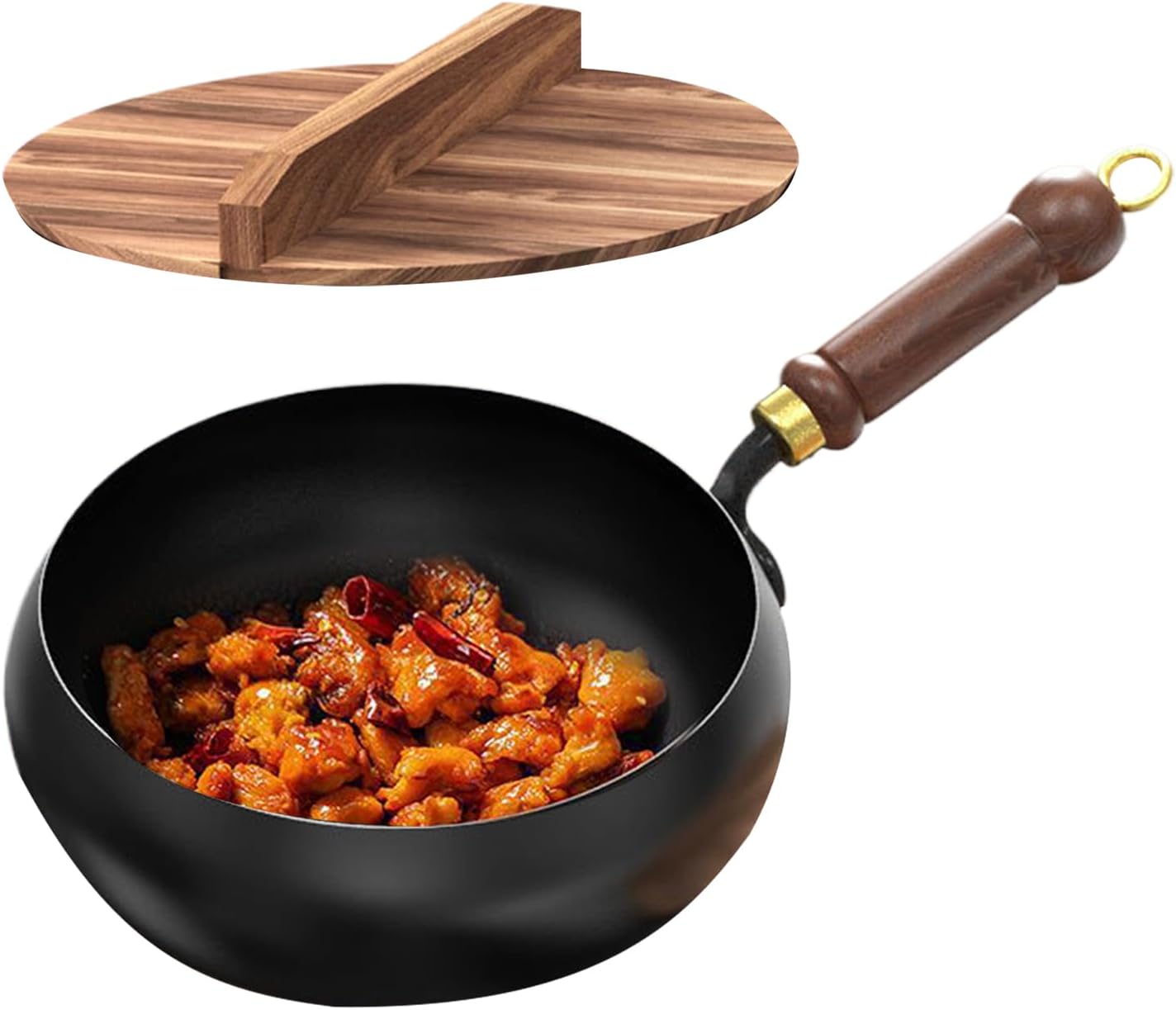 Iron Pan, Japanese Non Stick Iron Pan with Anti-Scalding Handle, Hand-Forged Wok with Lid Non Stick, 24cm Diameter Cookware for Stoves Induction Cookers