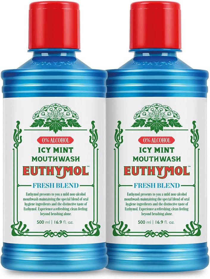 Euthymol Mouthwash ICY Mint 500ml x 2, Contains Flouride Alcohol-Free, Distinctive Strong Taste Flavour, Reduce Plaque Gingival Clean Healty Teeth Gums, Freshens Breath Refreshing Oral Dental Care