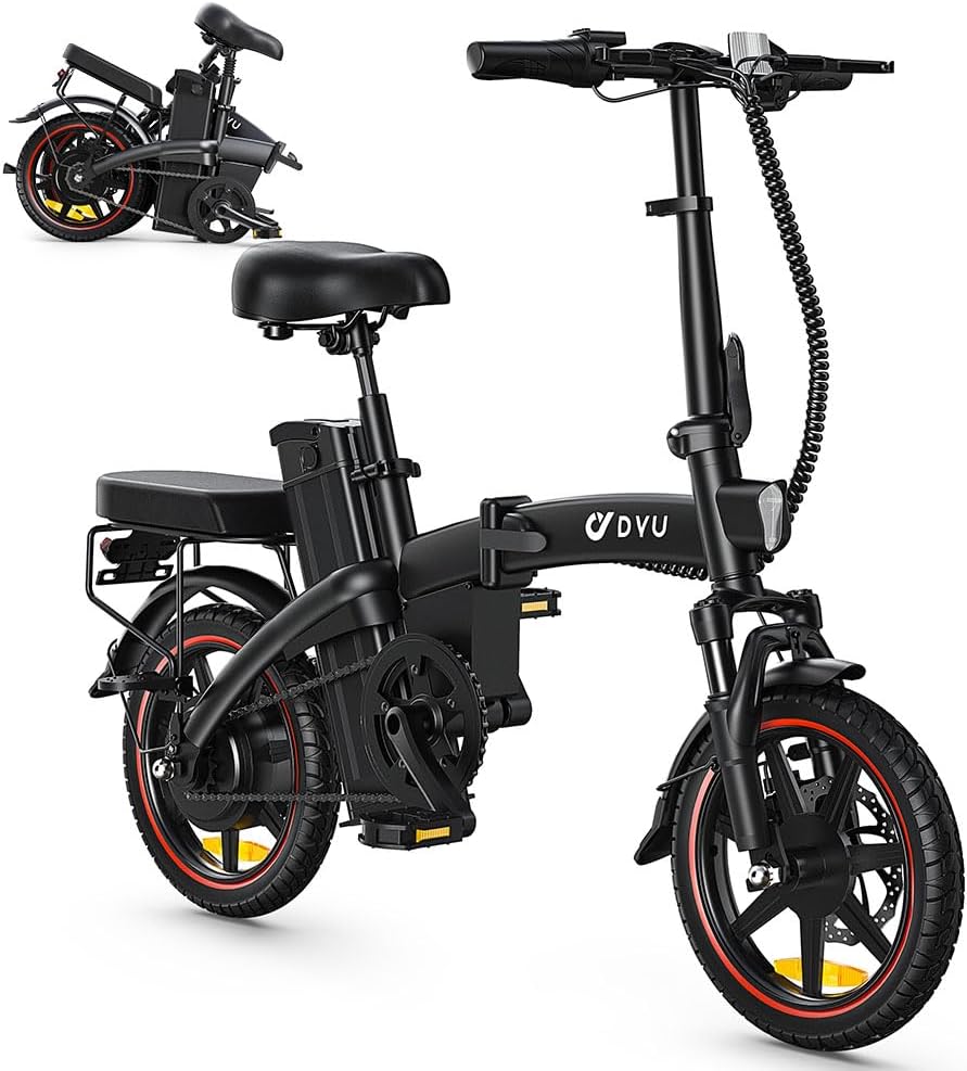 DYU A5 Electric Bike, 14" Portable Electric Bike, 48V 7.5AH Removable Battery,60KM Max Range, Folding Ebike with LCD Display, Remote Control,Shock Absorption System,Dual Disc Brakes,for Adults/Teens