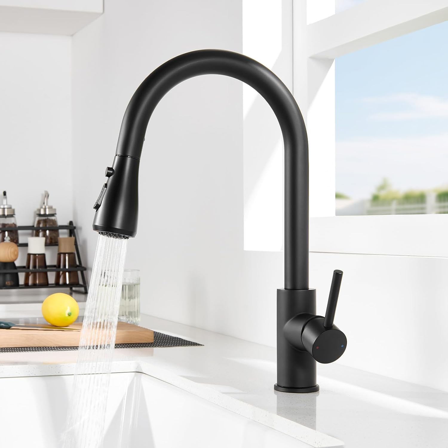 DERW Black Kitchen Tap, Kitchen Mixer Taps with Pull Out Sprayer, Swivel Spout with 2 Modes Spray, Stainless Steel Construction, Single Handle for Easy Control, Anti-Burst Hose, Quick Installation