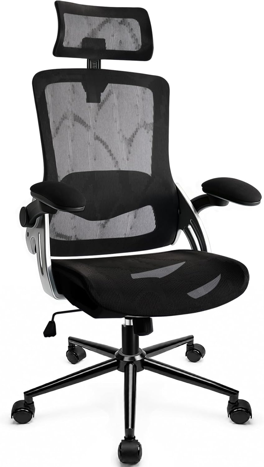 Durrafy Ergonomic Office Chair, 4D Lumbar Support Mesh Desk Chair with 90° Folding Armrests, 150kg Load Height Adjustable Computer Chair for Home Office (Charcoal black, Foam)