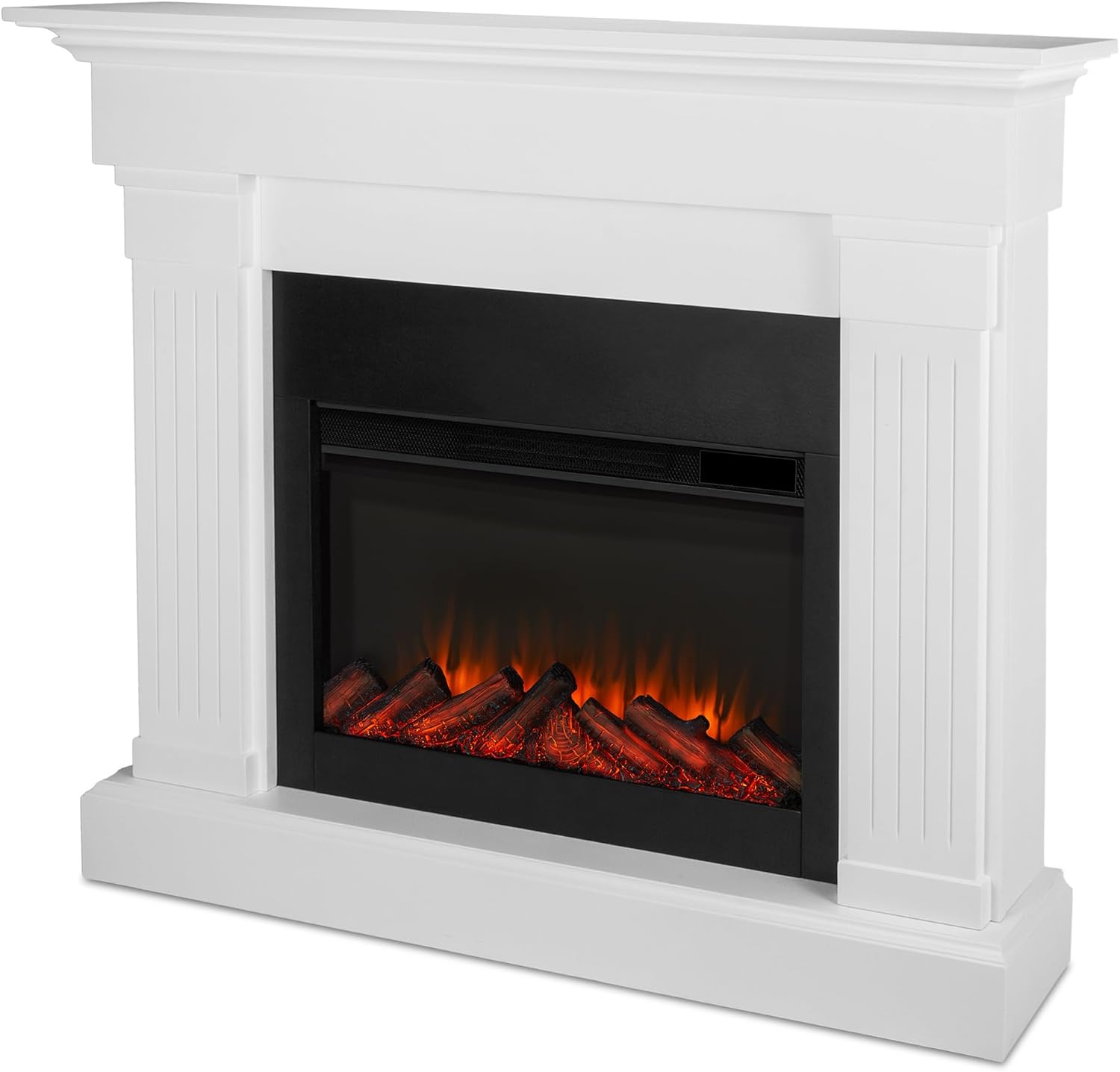 Real Flame Crawford Slim 48" Indoor Electric Fireplace with Mantel for Living Room or Bedroom, Replaceable Fireplace Insert Heater, Realistic Log and Flame Effect, Remote Control, Timer, White