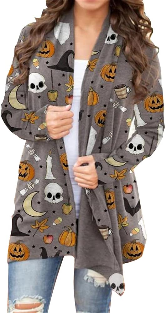 Women's Halloween Pumpkin Cat Print Knitting Cardigan Long Sleeve Open Front Knitted Sweater Outwear Coat Tops