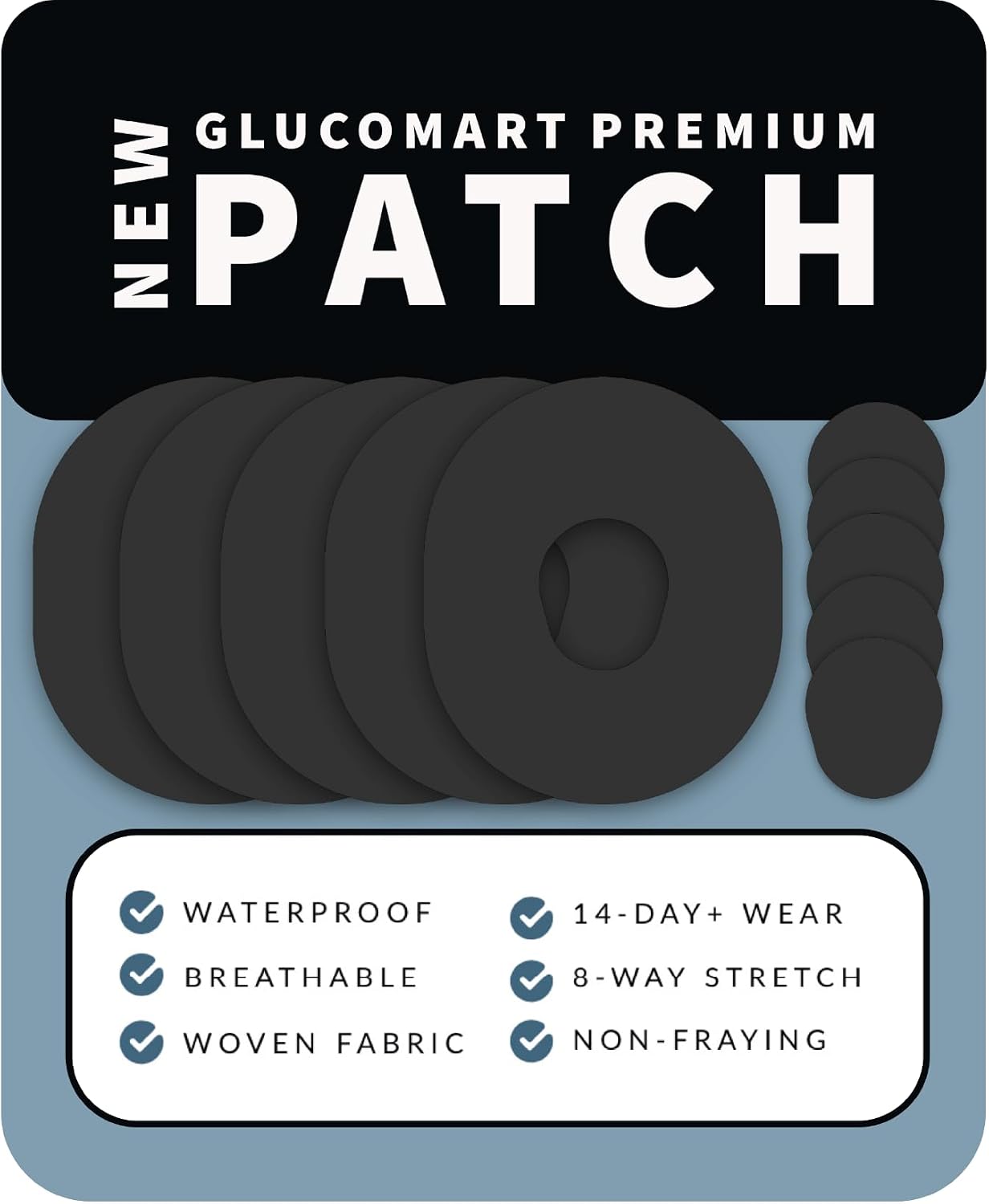 Glucomart NO-Lift NO-FRAY Premium Dexcom G7 Adhesive Patches Dexcom G7 Tape Black Dexcom Overpatch 5-Pack Waterproof Dexcom Patches Dexcom Tape Dexcom G7 Accessories Overlay Patch