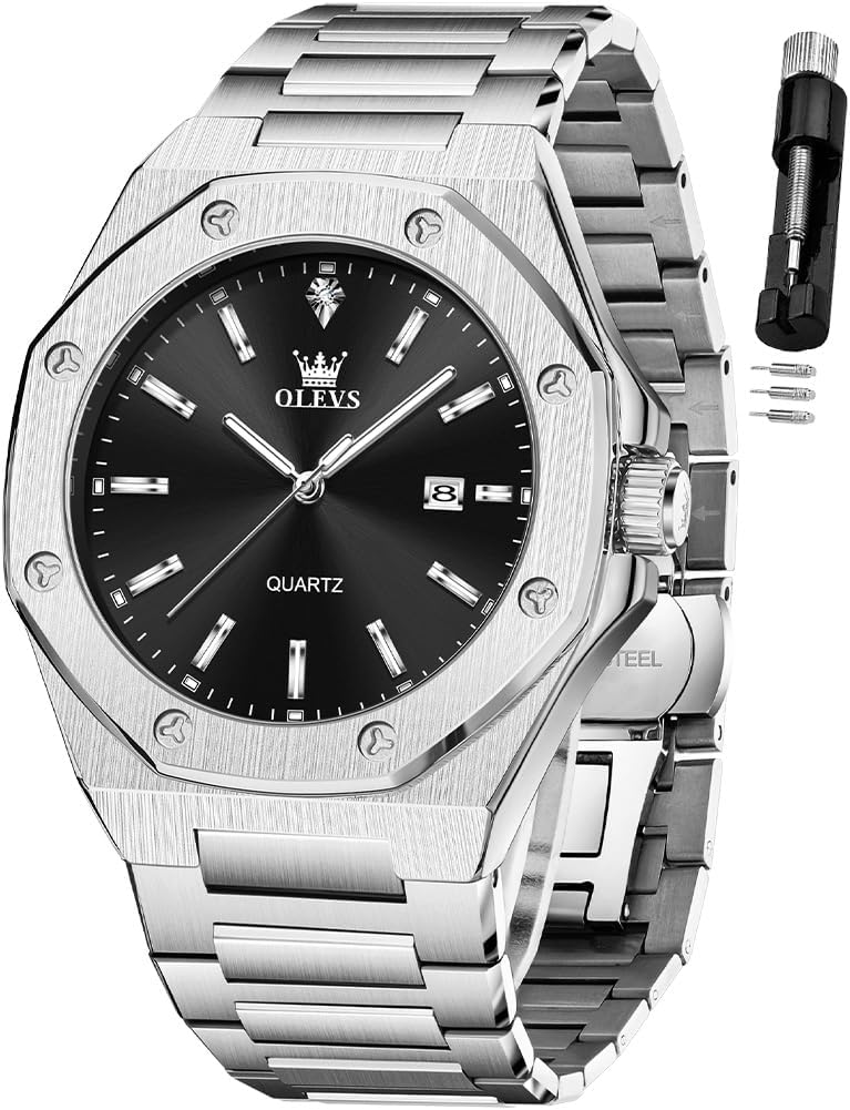 OLEVS Watches for Men Stainless Steel Business Dress Large Easy to Read Analog Watch Waterproof Luminous Casual Luxury Men Watch