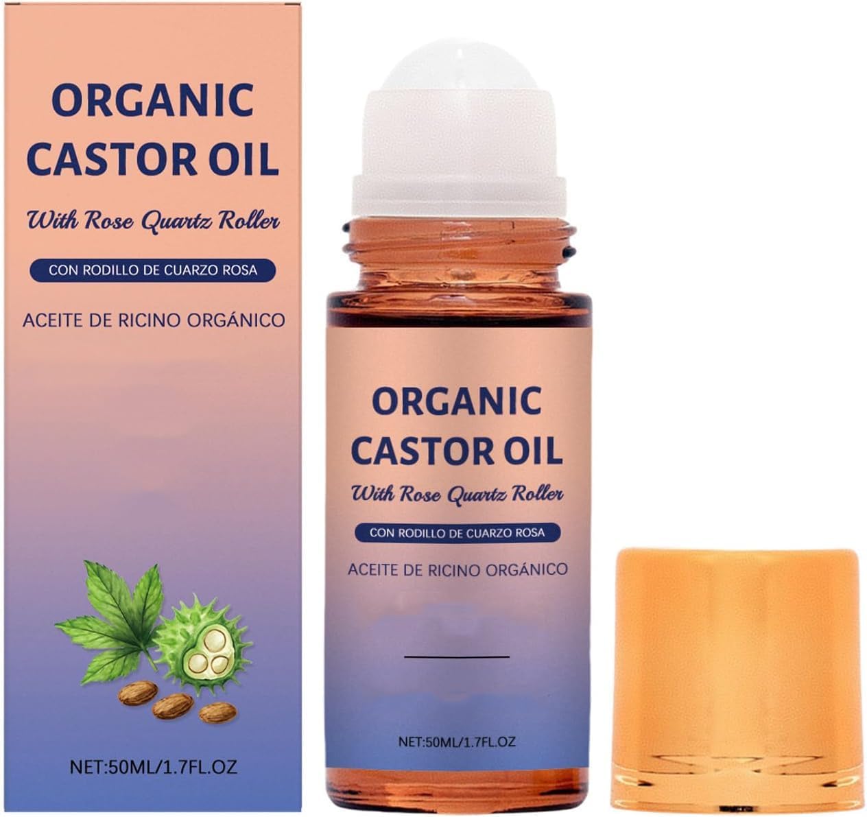Castor Oil with Rose Quartz Roller Gently Nourishes Skin Essential Oil Body Massage Care Liquid Deep Hydration & Smoothing for All Skin Types