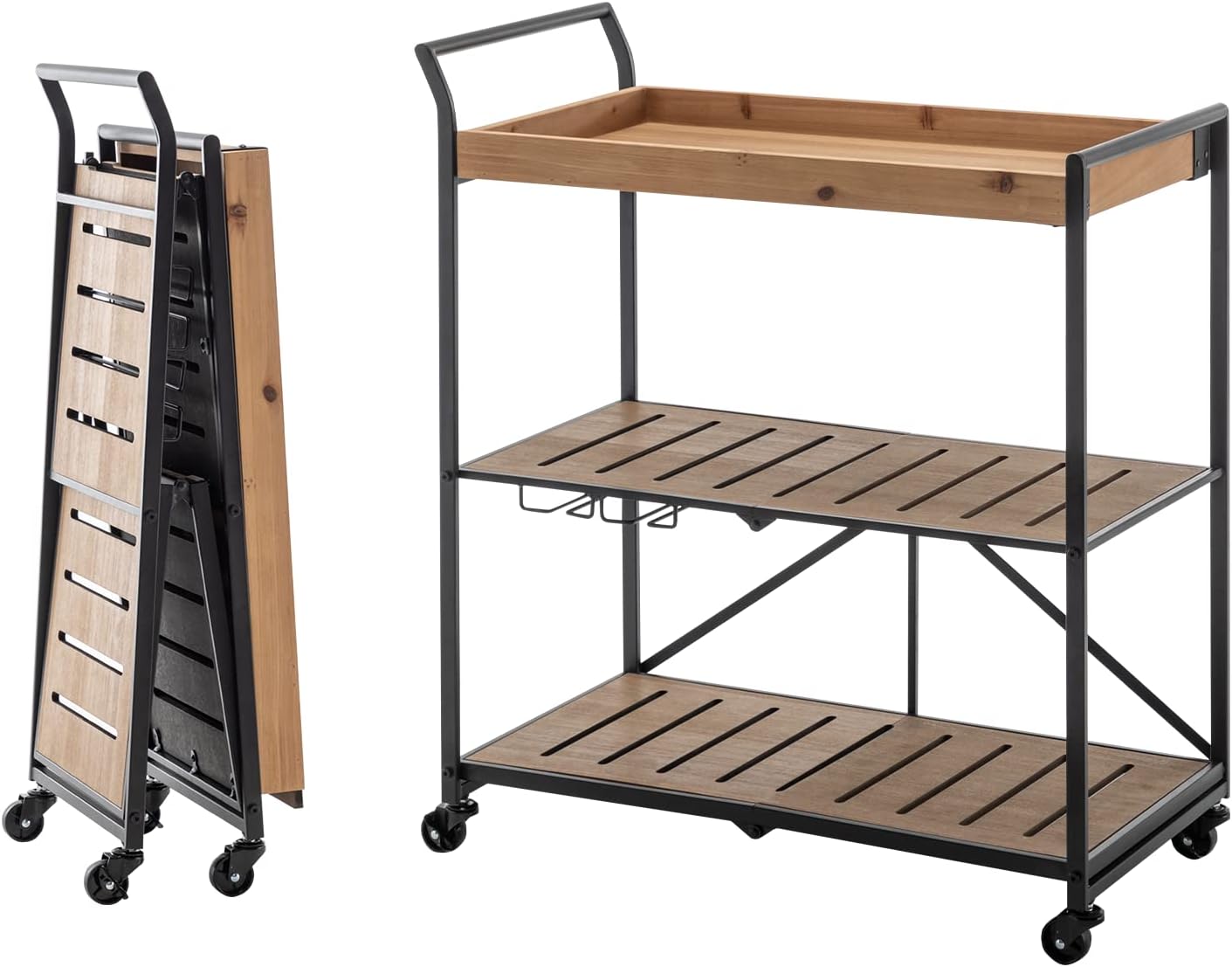 MELLCOM Folding Bar Cart Kitchen Serving Cart on Lockable Wheels 3-Tier Rolling Utility Cart with Glass Holders for Home Kitchen, Rustic Brown