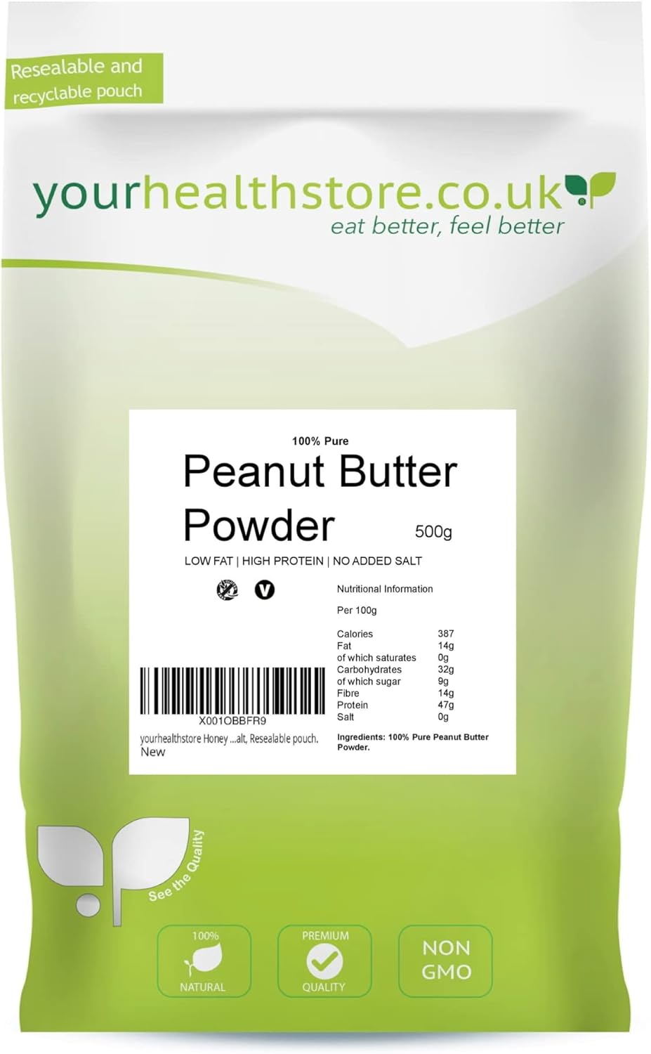 yourhealthstore 100% Pure Peanut Butter Powder 500g, High Protein, Low Fat, Vegan, No Salt, Nothing Added, Resealable Pouch.