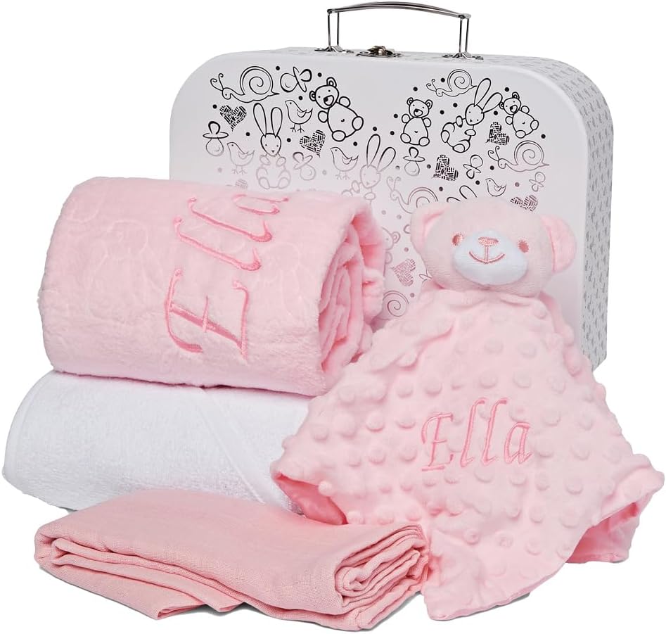 Baby Box Shop Baby Girl Gift Hamper in White Case – Newborn Gift Set with Hooded Towel, Pink Muslin Cloth, Welcome Card & Optional Personalised Pink Baby Blanket or Comforter
