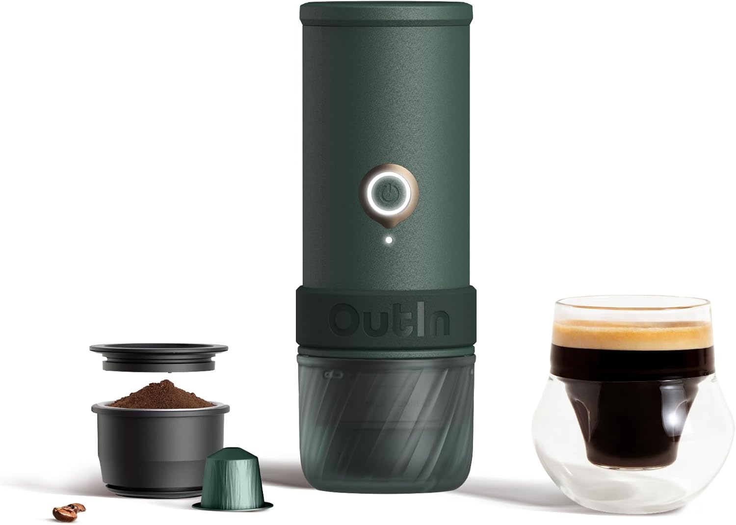 OutIn Mino Portable Electric Espresso Machine, Mini Camping Coffee Maker for Travel, Pocket Sized Coffee Machine Self-Heating with USB-C, Ground Coffee & NS Capsule Adapter For Adventure