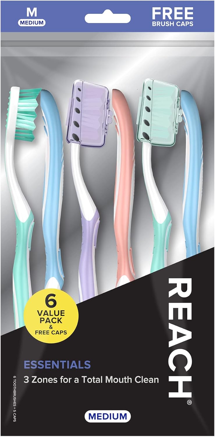 Reach Essentials Toothbrush with Toothbrush Covers, Multi-Angled Medium Bristles, Contoured Handle, Tongue Scraper, 6 Count