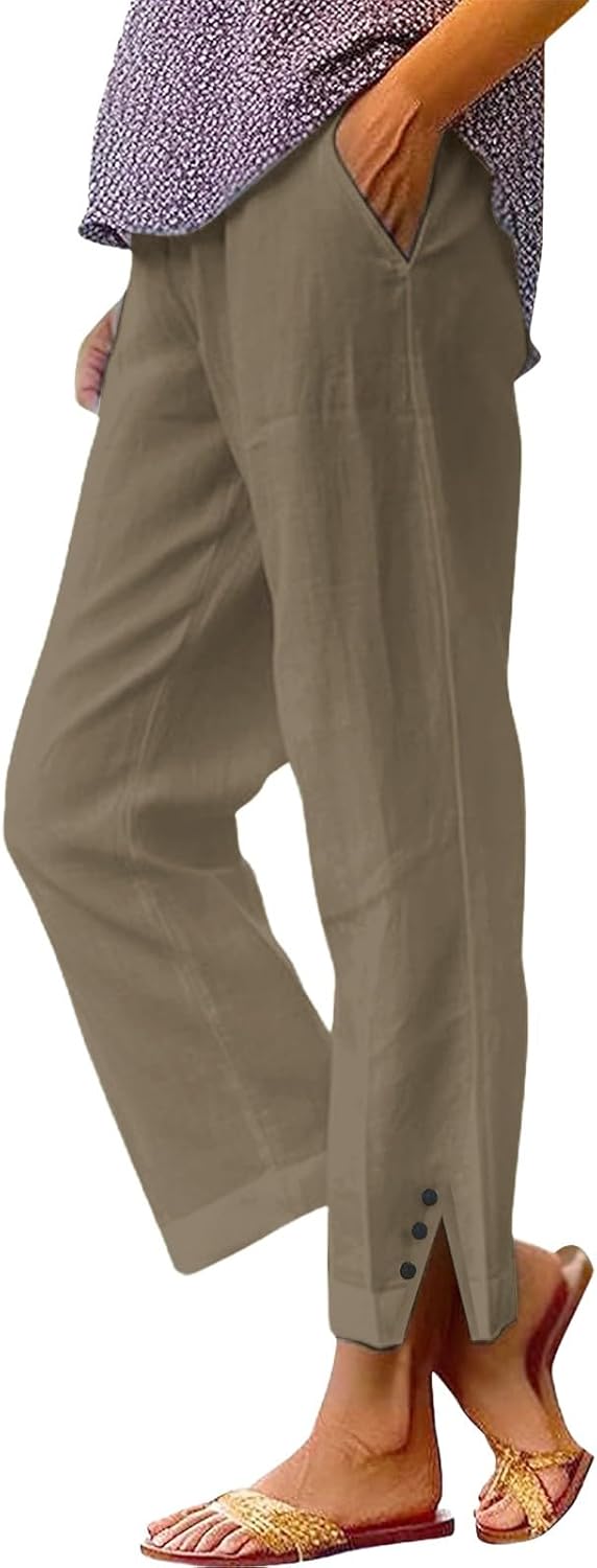 Nuoke Womens Linen Trousers with Elasticated Waist for Summer Cropped Trousers Wide Leg Lightweight with Pockets Casual Loose Holiday Beach Pants