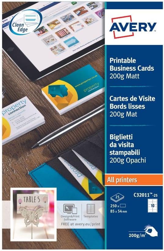 Avery Printable Single-Sided Business Cards – 85 x 54 mm, 10 Cards per A4 Sheet, White, Pack of 250, C32011-25