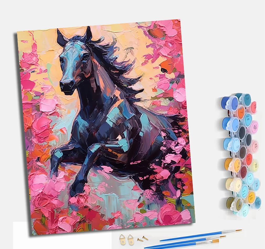 Paint by Numbers Kits for Adults Painting Kits for Beginners On Clear Symbols Colored Canvas Acrylic Pigment Drawing Paintwork for Home Wall Decor Frameless A black horse leaps through the flowers