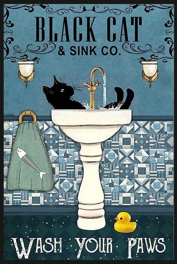 Black Cat Wash Your Paw Funny Cat Lover Gift Retro Vintage Bathroom Decor Poster Wall Art Decor Metal Sign Poster 8x12 inches