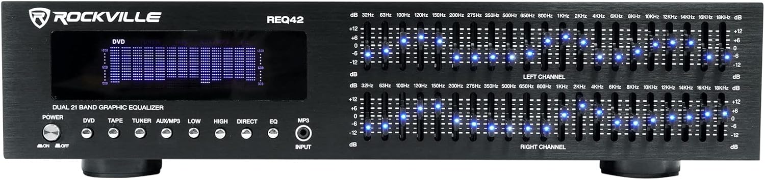 Rockville REQ42-B Dual 21-Band Graphic Equalizer, 19" Rack Mount, XLR/TRS Connectivity, Precision Audio Tuning, Durable Build, Wide Frequency Range, Perfect for Live Sound and Studio Recording