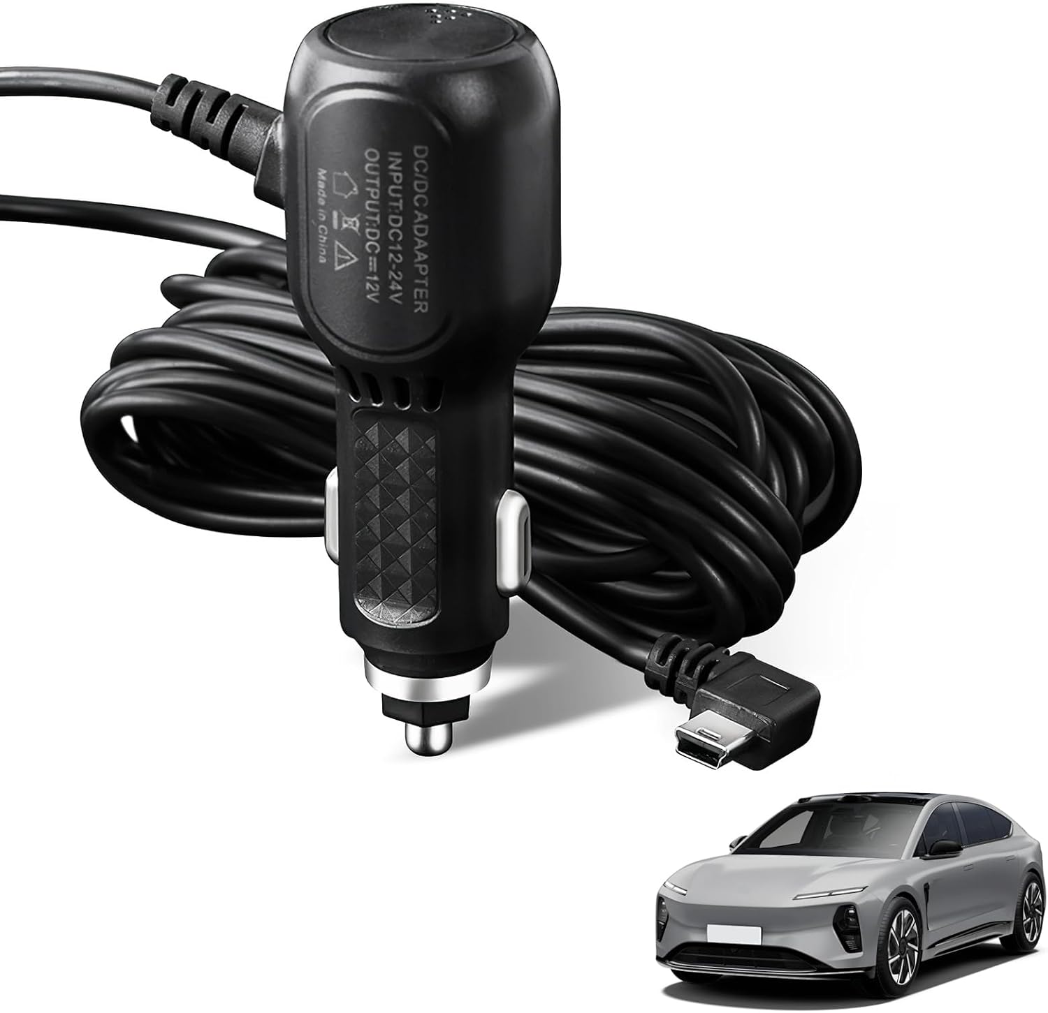 Dash Cam Power Lead Cable Car Cigarette Lighter Charger, 12V to 5V Adapter 3.5M Long Wire with 90° Right Angle Mini USB Connector for GPS Navigation DVR Dash Camera