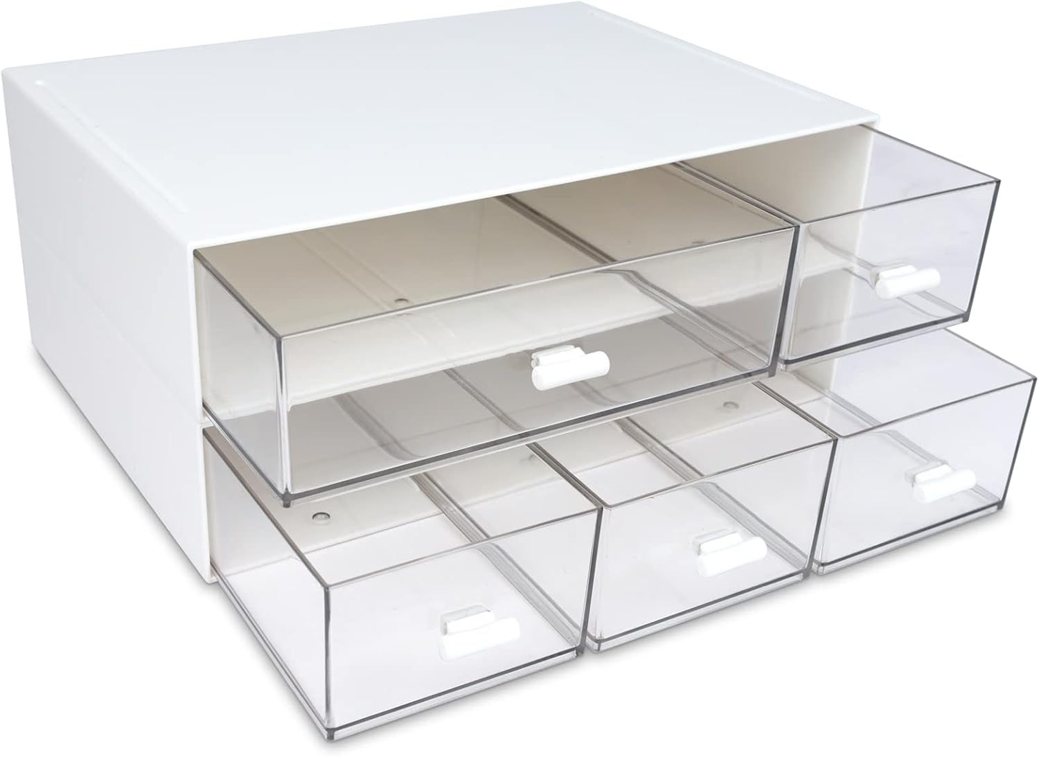 Desktop Organizer with 5 Drawers, BOJVESH 2 Tier Stackable Desk Storage Box, Stationary Organiser Desk Organizer for Office Supplies, Home Storage