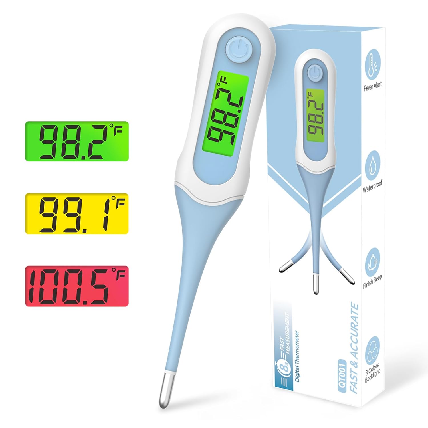 Oral Thermometer with 8s Fast Reading, 3 Colors Backlit, Fever Alert, High Accuracy Medical Basal Thermometer for Adults and Kids, Baby Digital Thermometer for Oral, Rectal, Armpit(Blue)