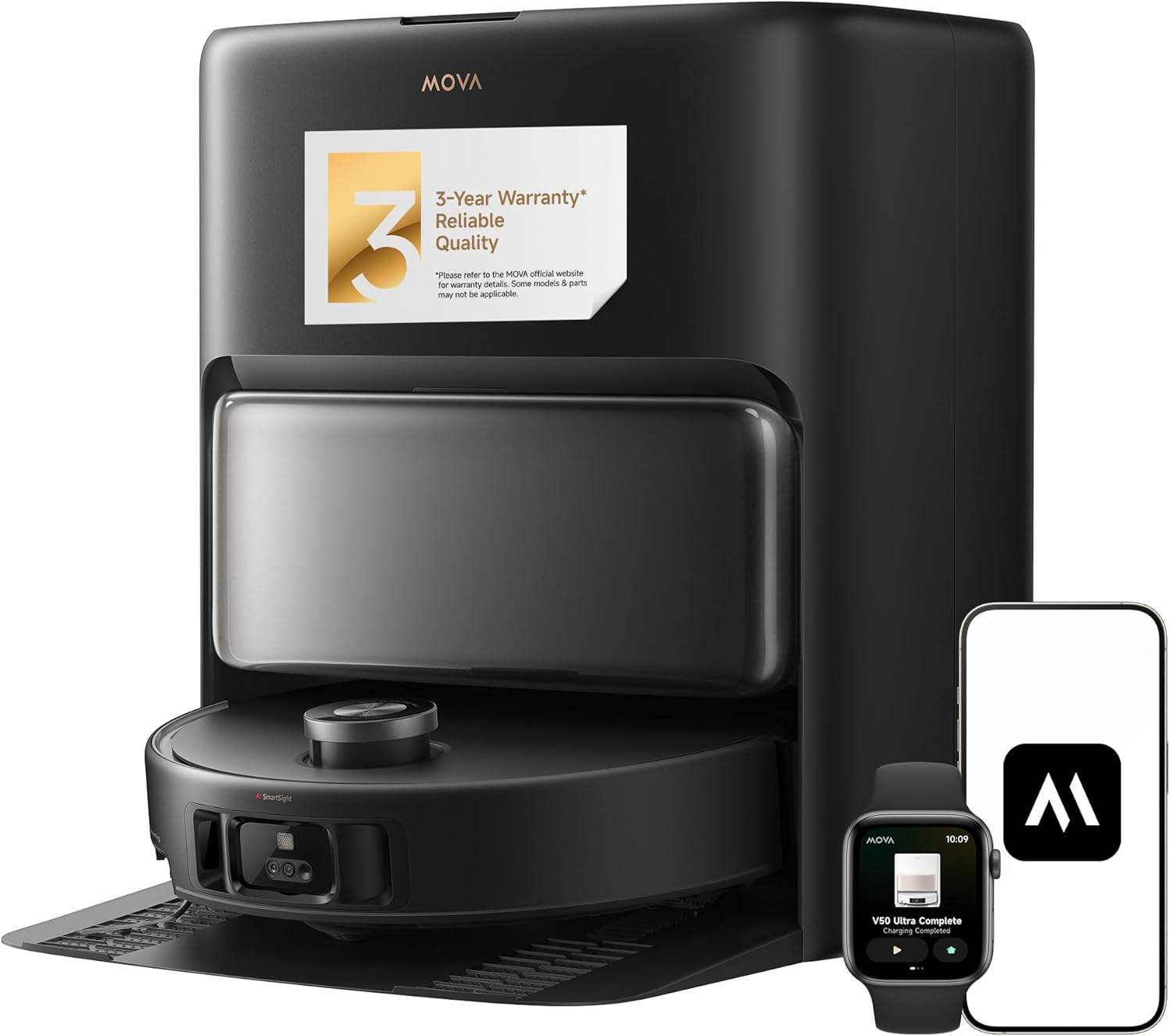 Mova V50 Ultra Complete Robot Vacuum Cleaner and Self-Emptying Scrubber with 24000 Pa Suction, Thermal Floor Wash with DuoSolution System, FlexiRise Navigation and StepMastera System Black