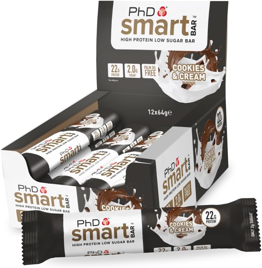 PhD Nutrition Smart Protein Bar Low Calorie, Nutritional Protein Bars/Protein Snacks, High Protein Low Sugar, Cookies and Cream Flavour, 20g of Protein, 64g Bar (12 Pack)