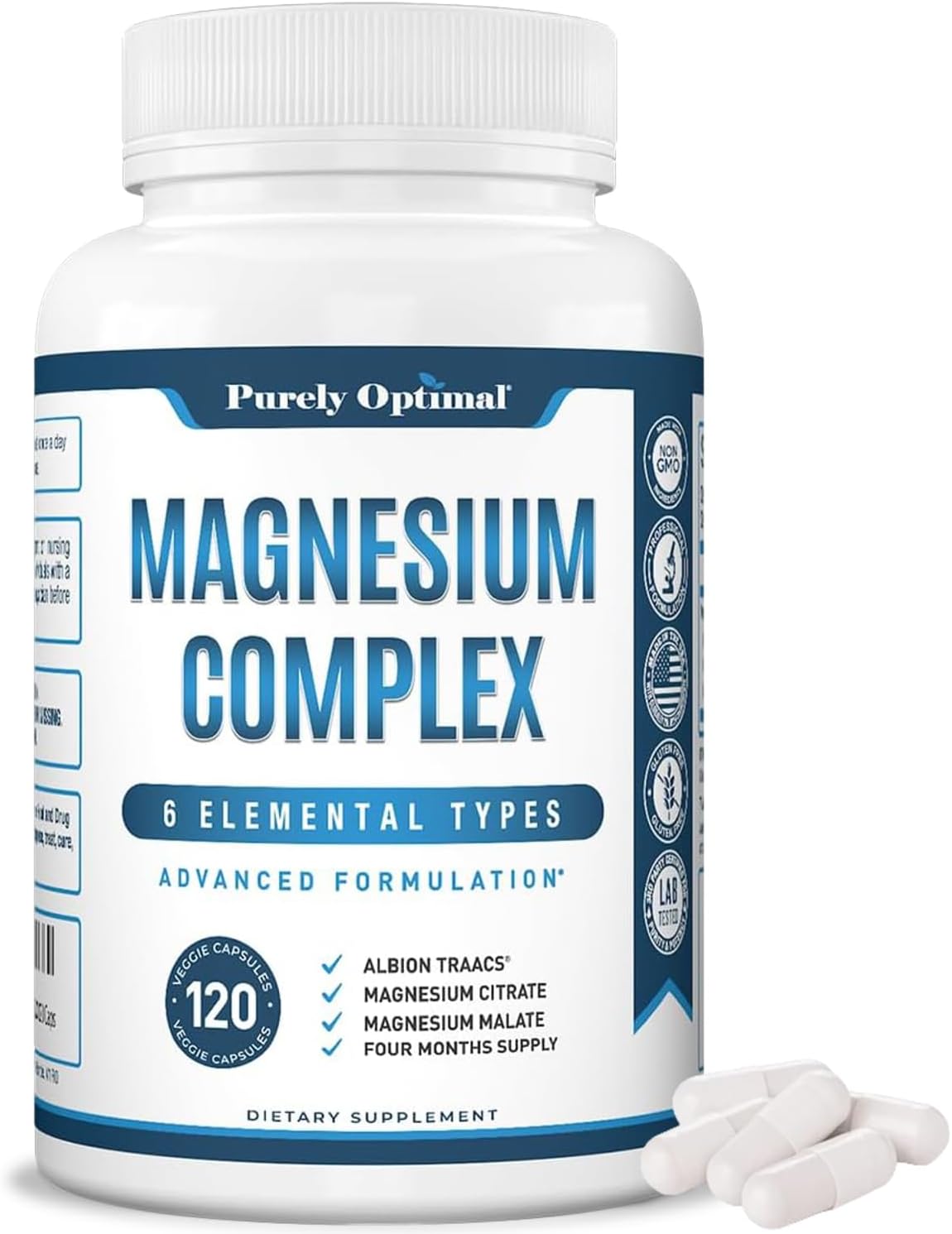 Purely Optimal Magnesium Complex Supplement - Citrate, Malate, Taurate, Oxide, Bisglycinate Chelate, Aspartate 500mg - for Sleep, Leg Cramps, Muscle, Heart - Max Absorption, Gluten-Free 120 Caps