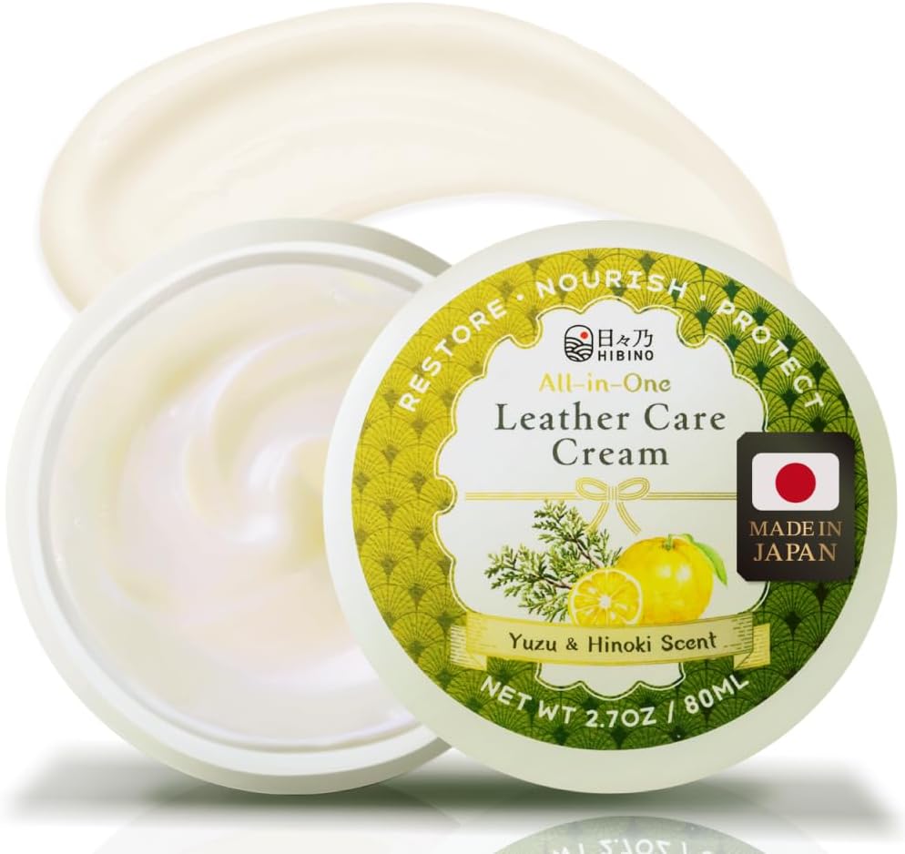 HIBINO | Premium Japanese Formulation Leather Cream Moisturiser - 80ml | Restore, Nourish & Protect | All-in-One Conditioner for Bags, Shoes, Jackets & Furniture | Made in Japan | Yuzu & Hinoki Aroma