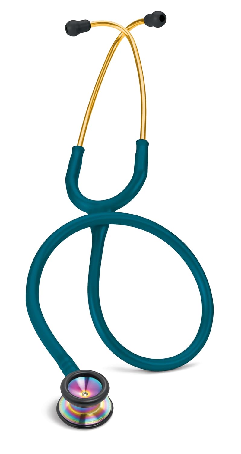 3M Littmann Classic II Pediatric Stethoscope, 2153, Stainless Steel Rainbow-Finish Chestpiece, 28" Caribbean Blue Tube, Brass Stem, and Headset