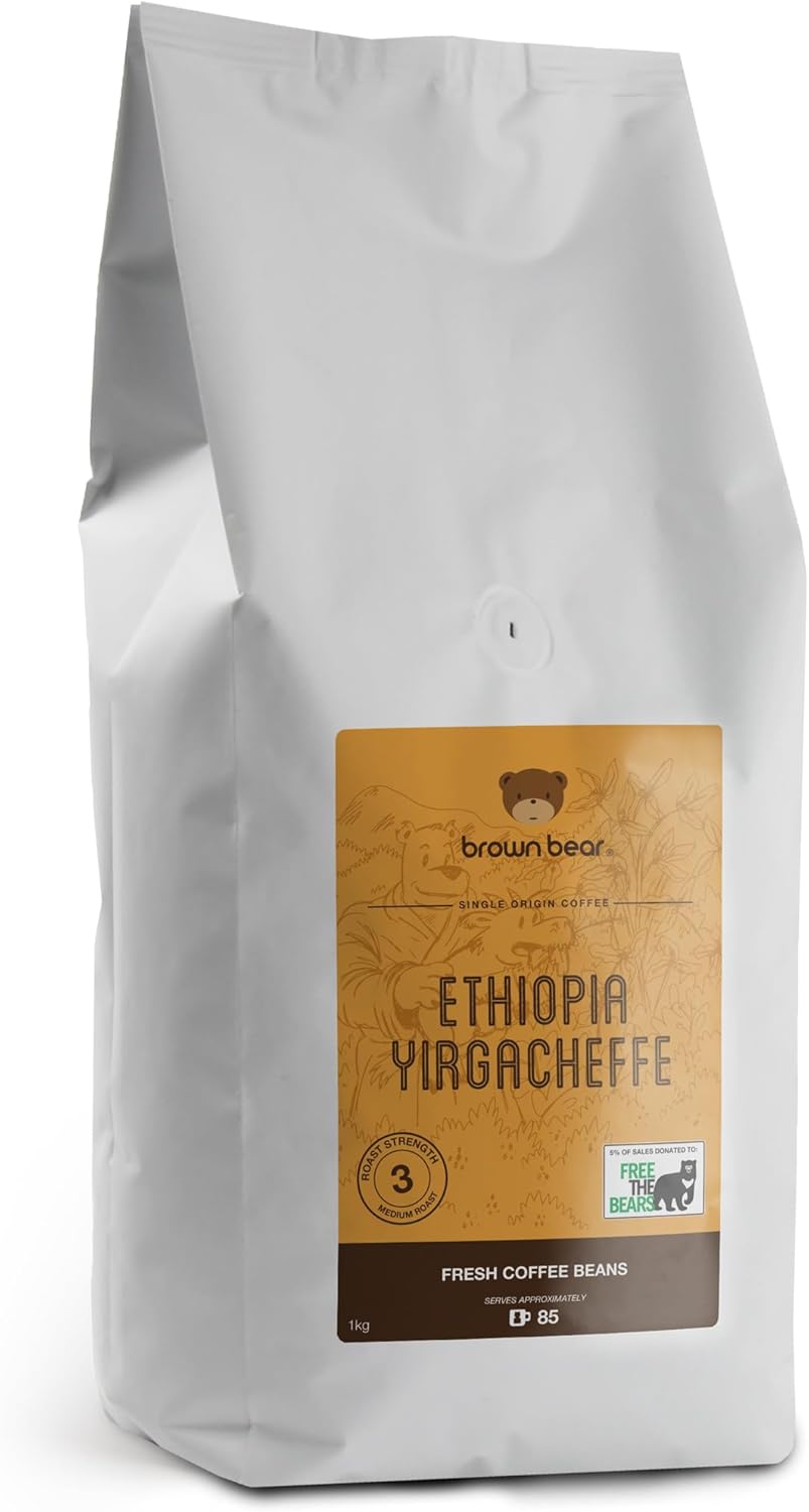 Ethiopia Yirgacheffe Coffee Beans 1kg - Medium Roast - Strength 3 - Suitable For All Machines - Brown Bear Ethiopian Coffee - Donation to Free The Bears - 100% Arabica