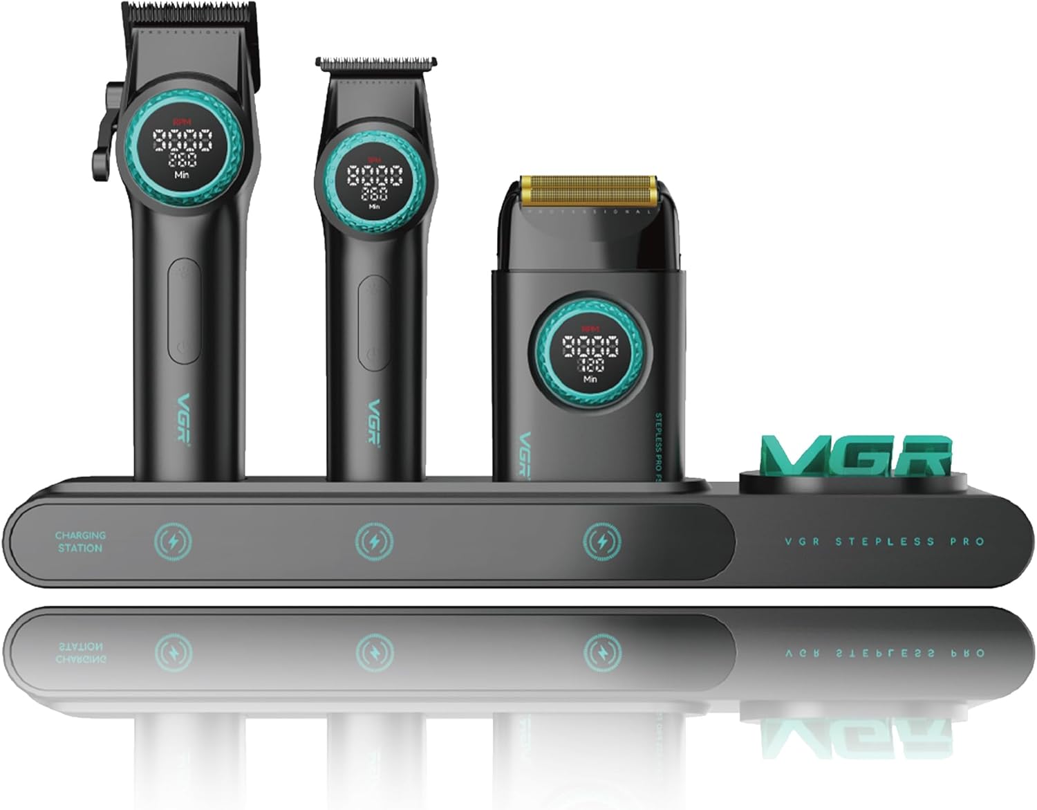 VGR 3 in 1 Professional Barber Clippers Set of Hair Clipper Trimmer Foil Shaver, Cordless Haircut Kit with Upgraded Powerful Motor, Integrated Charging Station, LED Display, Storage Box, Black