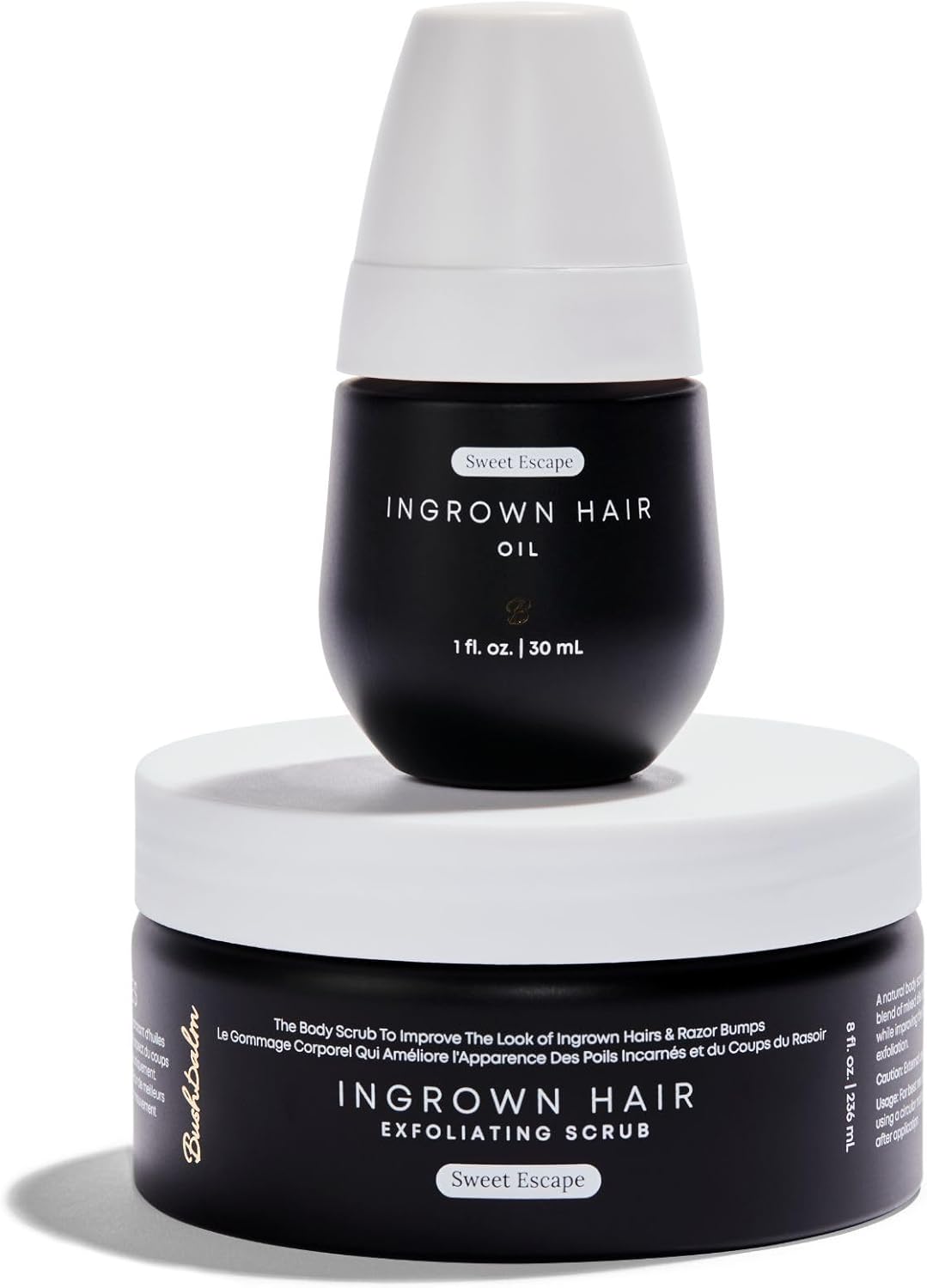 Bushbalm 2 Step Routine for Rough Skin - Soft Flared Enriched Hair Oil (30ml) and Gentle Exfoliating Scrub (8 oz)