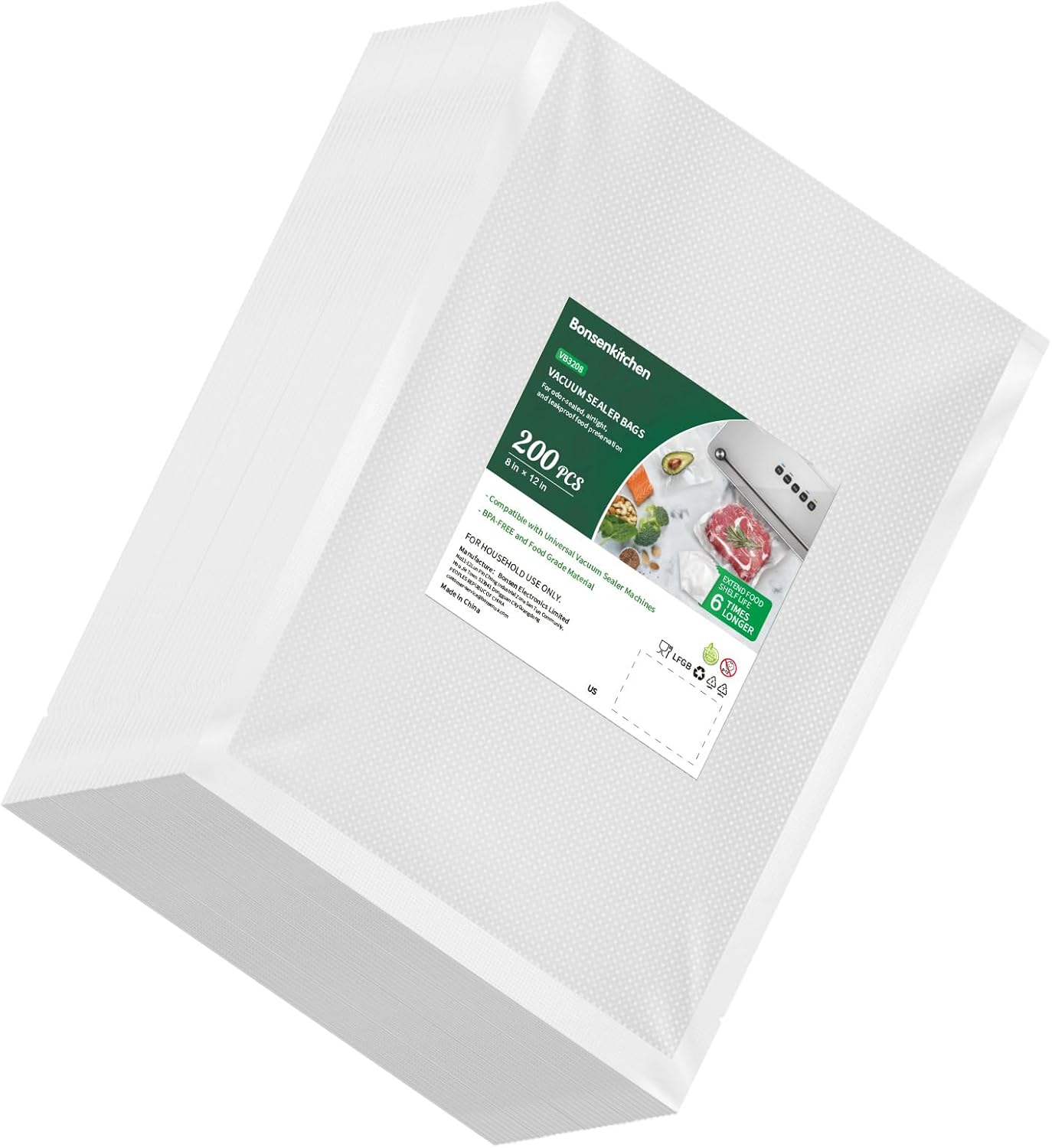 Bonsenkitchen Precut Vacuum Food Sealer Bags 200 Quart 8" x 12", BPA Free, Commercial Grade Textured Food Vacuum Sealer Bag, Thick Embossed Bags for Food Storage and Sous Vide Cooking VB3208